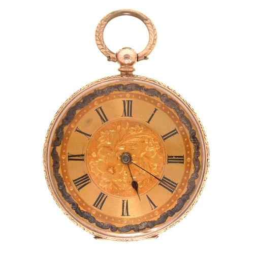 87 - A Swiss gold cylinder lady's watch, c1900,  in engraved case, 36mm diam, marked 9K, 31.7g... 