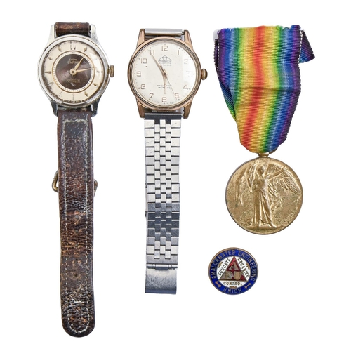 871 - A WWI Victory medal,  48694 Pte C Stratton, Son L I, a Smiths Empire plated  wristwatch and two othe... 