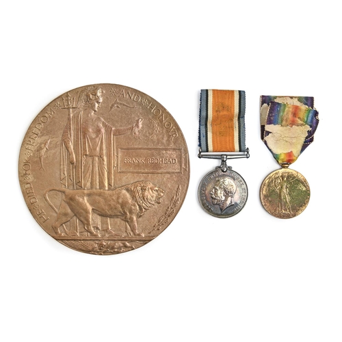 874 - WWI, pair and plaque, 19498 Pte F Redhead R WAR RDrummer Frank Redhead of 15th Battalion Royal Warwi... 