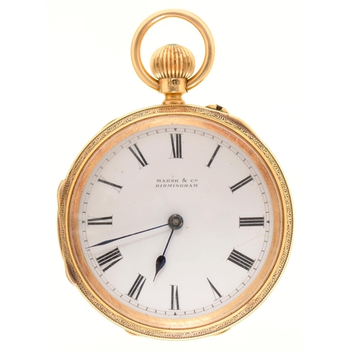 88 - An English 18ct gold keyless lever watch, Marsh & Co 17 New Street Birmingham,  No 1557, the thr... 