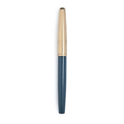 880 - A Parker teal blue celluloid fountain pen, gold plated cap