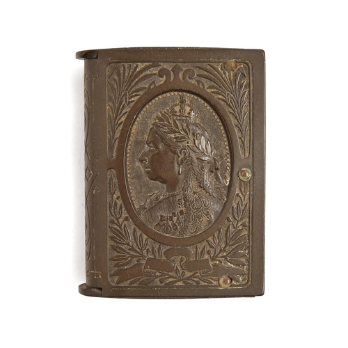 884 - A Victorian Royal Golden Jubilee commemorative book shaped vulcanite vesta case, 52mm h... 