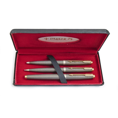 888 - A Parker 75 three-piece fountain pen, ballpoint pen and pencil set, cased