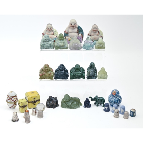 897 - Sixteen South East Asian miniature stone and biscuit porcelain figures of Budai, two Limoges yellow ... 