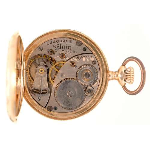 90 - An Elgin three colour gold keyless lever hunting cased lady's watch, No16203282, with enamel dial, b... 