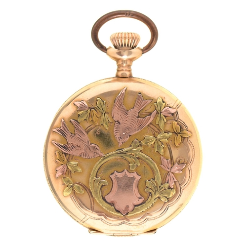 90 - An Elgin three colour gold keyless lever hunting cased lady's watch, No16203282, with enamel dial, b... 