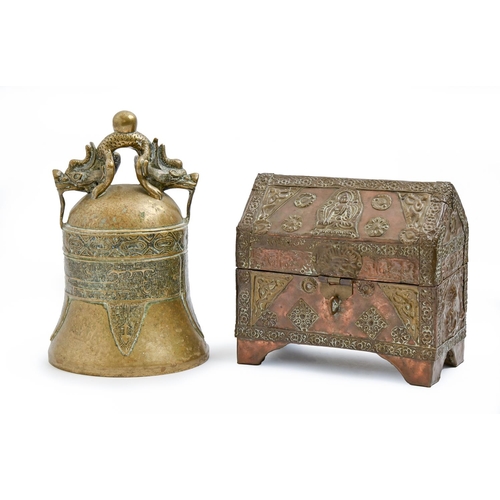 909 - A Chinese brass bell and an Indian embossed sheet brass covered wood casket, late 19th / early 20th ... 