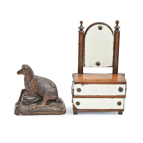 911 - Miniature furniture. A softwood and straw work mirror fronted dressing chest, 19th c, 25cm h and a c... 