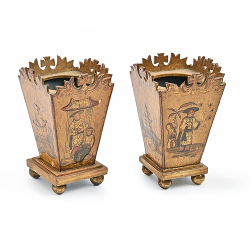 918 - A pair of Regency style japanned wood vases, first half 20th c, of tapered square shape and decorate... 