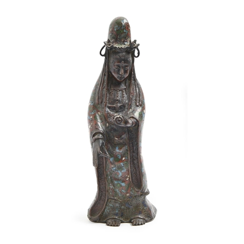 919 - A Chinese bronze and champlevé enamel sculpture of Guanyin, 19th/early 20th c,  30cm h, indistinct a... 