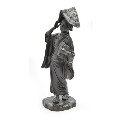 921 - A Japanese bronze sculpture of a musician, Meiji period, the young woman holding a shamisen, her rig... 