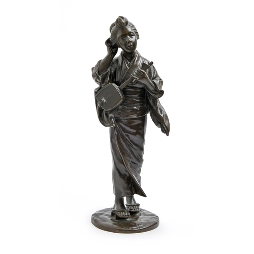 922 - A Japanese bronze sculpture of a musician, the young woman holding a samisen and bachi, her right ha... 