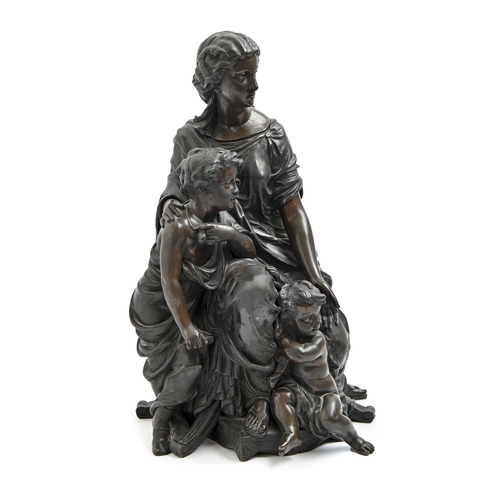 923 - A French bronze group of a woman and two children, late 19th c,  uneven dark brown patina, 34cm h... 