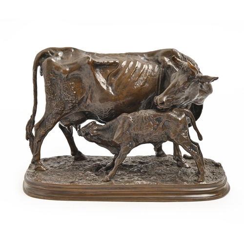 924 - A bronze animalier sculpture of cow and calf, cast from a model by Pierre-Jules Mene, rich brown pat... 