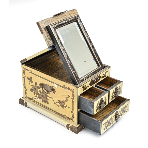 929 - A Chinese japanned wood dressing case, with engraved brass mounts, c1930, adjustable mirror to the u... 