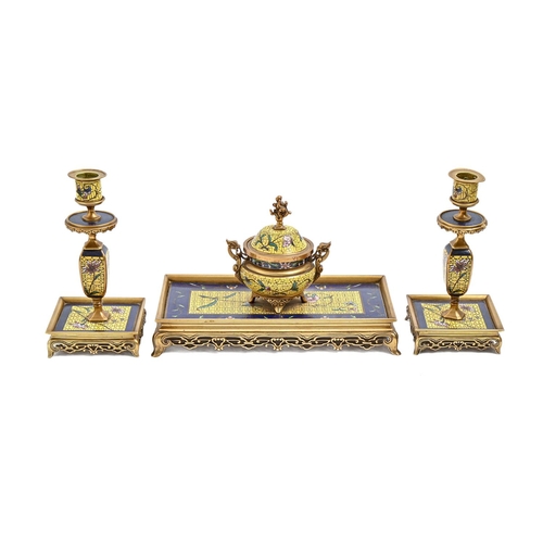 933 - A French 'Chinese' famille jaune gilt brass and champleve enamel desk set, c1880, comprising inkwell... 