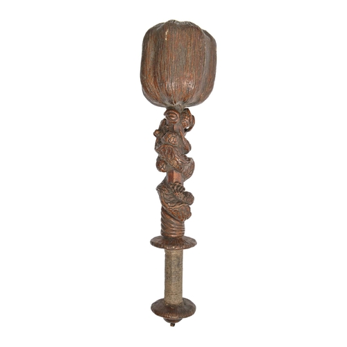 939 - Tribal Art. A carved wood poppy head club, first half 20th c, the hexagonal shaft carved in high rel... 