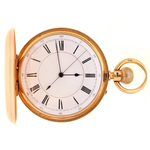 94 - An English 18ct gold hunting cased keyless lever watch, Henry P Isaac London, No 1664, with three qu... 