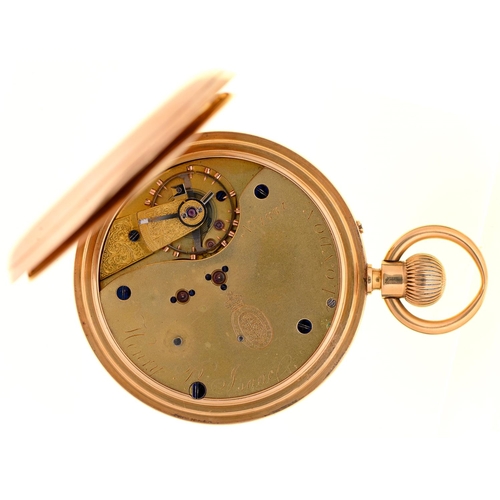 94 - An English 18ct gold hunting cased keyless lever watch, Henry P Isaac London, No 1664, with three qu... 