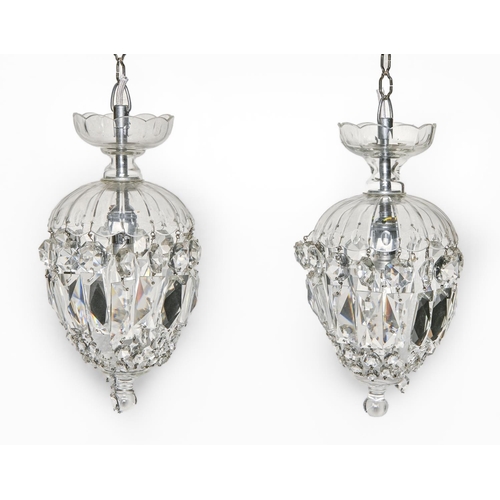 948 - A pair of cut glass corridor chandeliers and set of four wall lights, 20th c, chandeliers 30cm h... 