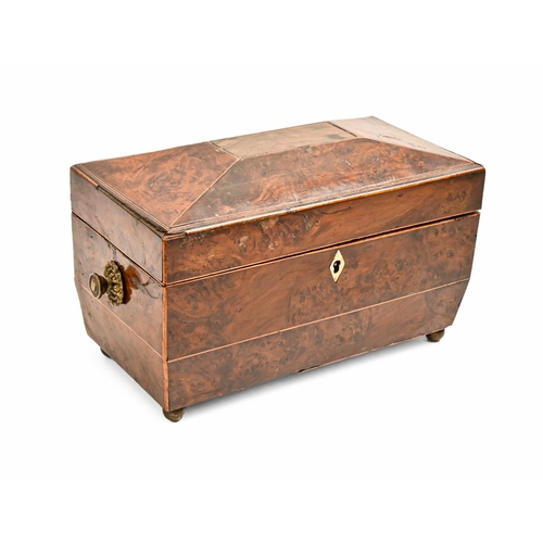 953 - A George IV yew wood and line inlaid tea chest,  the fitted interior with pair of caddies and glass ... 