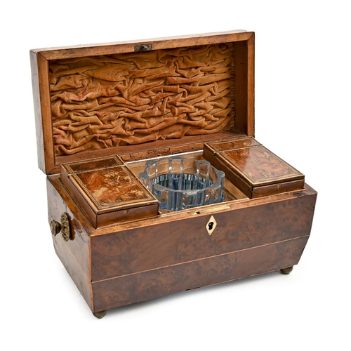 953 - A George IV yew wood and line inlaid tea chest,  the fitted interior with pair of caddies and glass ... 