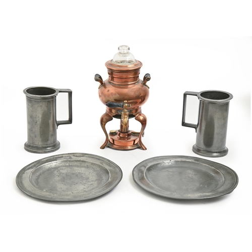 954 - A 19th century plate and two French pewter cylindrical half metre measures and a copper coffee perco... 