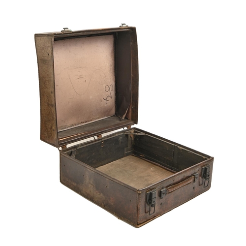 955 - Luggage. A wood lined hard leather case, early 20th c, metal clasps stamped GATBIC, 37 x 38cm... 