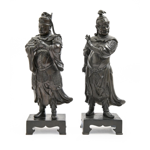 956 - A pair of Chinese bronze sculptures of warriors, 19th c, on rectangular base, even dark brown patina... 