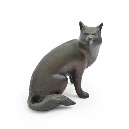 957 - A Japanese bronze sculpture of a  fox, Meiji period,  uneven light brown patina, 14cm h, Hoju-Chu se... 