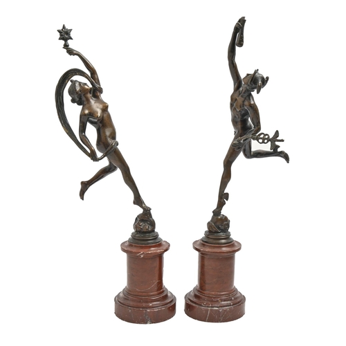 959 - A pair of French bronze statuettes of Mercury and Fortuna, late 19th c, after Giambologna, uneven br... 