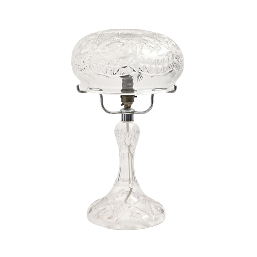 961 - A cut glass table lamp and mushroom shaped shade, mid 20th c, 42cm h