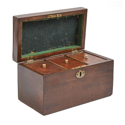 967 - A George III mahogany tea caddy, with brass handle and escutcheon, 23.5cm l