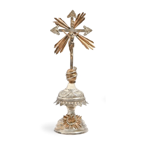 974 - A French brass and silvered brass altar crucifix, late 19th c, on domed, two stage base, 55cm h... 