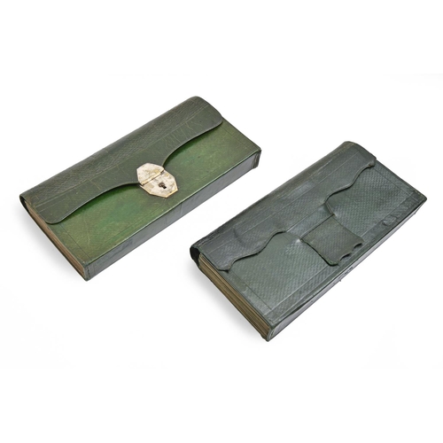 977 - Two French fine green morocco leather stationery cases, mid 19th c, of wallet type with divisions fo... 