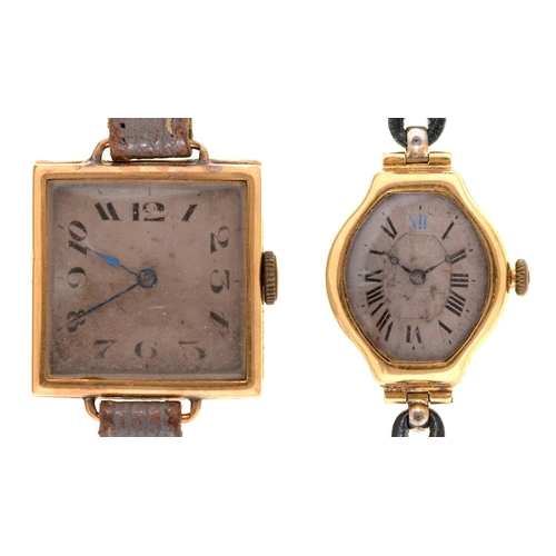 98 - An 18ct gold square lady's wristwatch, 24 x 25mm, import marked London 1924 and another, also 18ct g... 