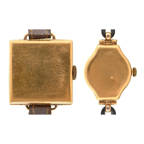 98 - An 18ct gold square lady's wristwatch, 24 x 25mm, import marked London 1924 and another, also 18ct g... 