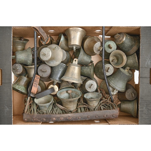 982 - A set of three English hame, box or horse drawn wagon latten musical bells and approximately 34 othe... 