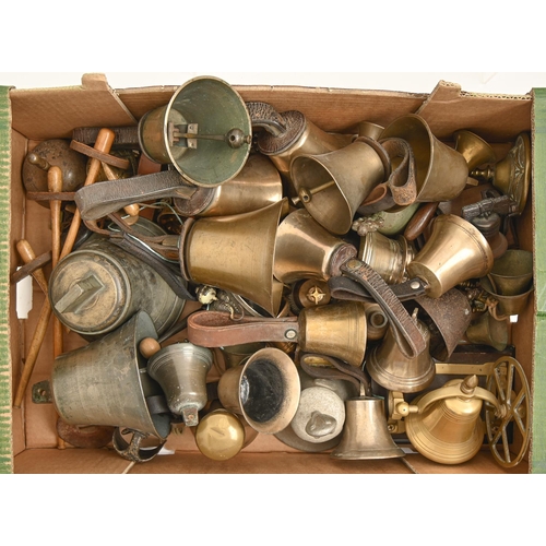 984 - Fifteen English musical handbells, early - late 19th c, several with leather handle, various sizes a... 