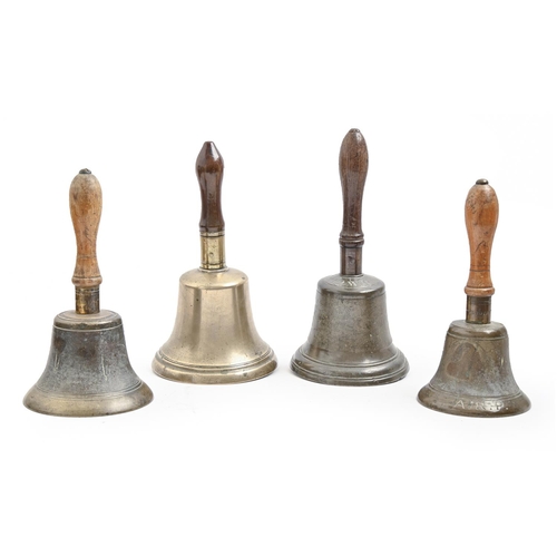 985 - Four English special purpose handbells, the ferrule of two stamped FIDDIAN, one also marked c1939 fo... 