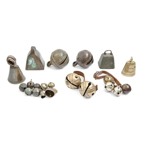 988 - Four hand held crotals, miscellaneous smaller other crotals and four quadrangular bells, early 19th ... 