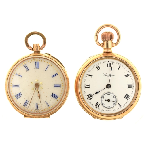 99 - A Swiss gold cylinder lady's watch, c1900, 33mm diam, marked 14K and a Waltham gold plated keyl... 