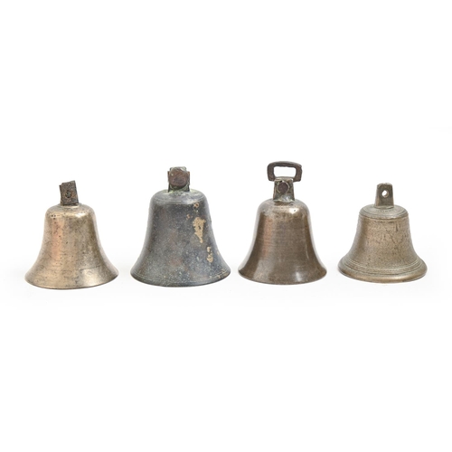 991 - Four English musical handbells, 17th - early 19th c, comprising an early latten bell, probably York,... 