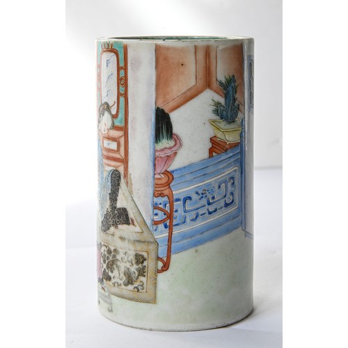 784 - A Chinese famille rose brush pot, Qing dynasty,  19th c,  enamelled with two ladies at a table, the ... 