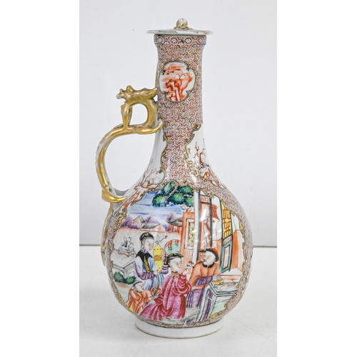 849 - A pair of Chinese export porcelain dragon handled jugs, stoppers and bowls, c1770, enamelled with a ... 