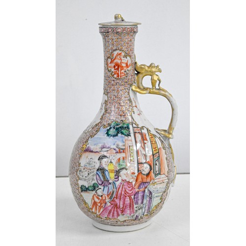 849 - A pair of Chinese export porcelain dragon handled jugs, stoppers and bowls, c1770, enamelled with a ... 