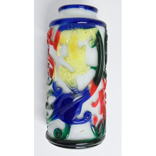 761 - A Chinese four colour cameo glass vase, 20th c,  overlaid on white glass and carved with mythical cr... 