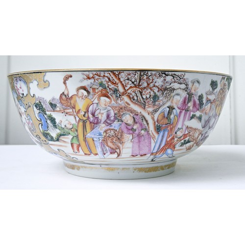 848 - A Chinese export porcelain punch bowl, c1770, enamelled with a 'Mandarin' pattern, the interior with... 