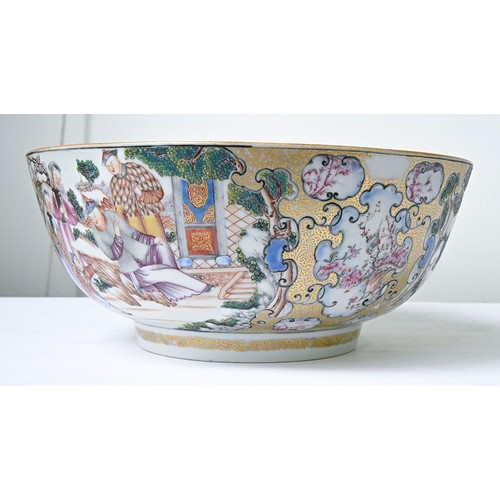 848 - A Chinese export porcelain punch bowl, c1770, enamelled with a 'Mandarin' pattern, the interior with... 