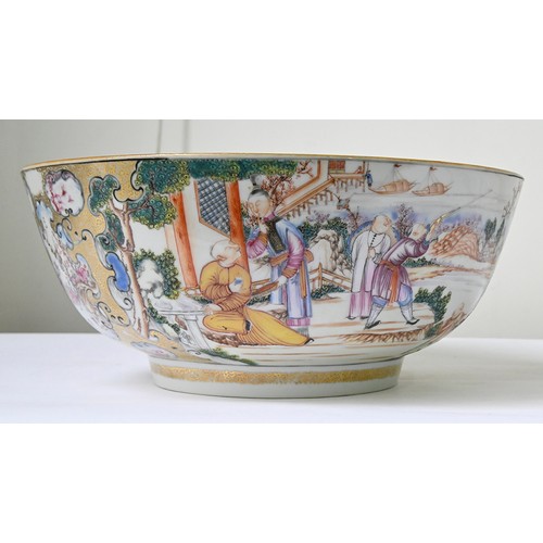 848 - A Chinese export porcelain punch bowl, c1770, enamelled with a 'Mandarin' pattern, the interior with... 